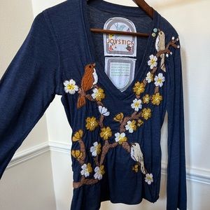 Joystick hand stitched blouse, size S, navy blue